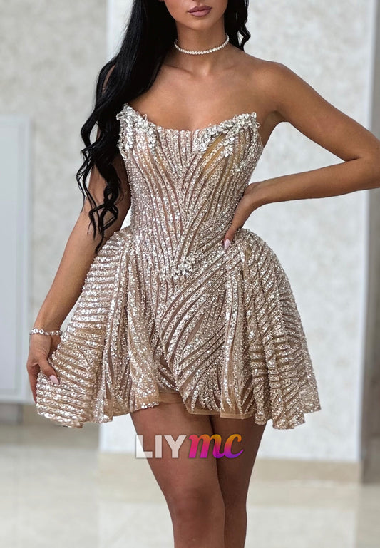 Strapless Sequin Fit and Flare Mini Party Dress