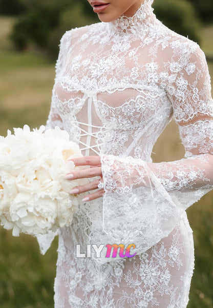 Illusion Lace Long Sleeve Mermaid Wedding Dress with Train