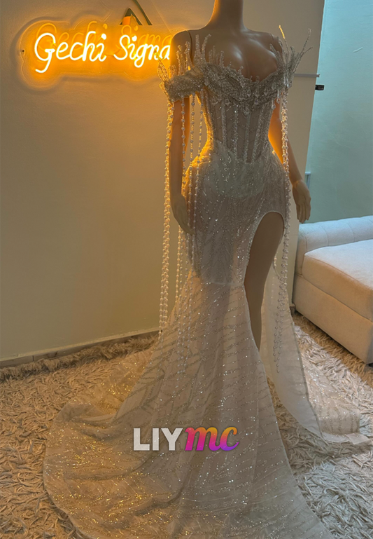 Corset Mermaid Gown with Beaded Fringe & Slit