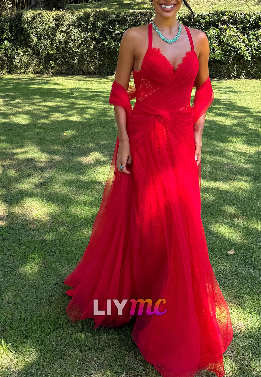 Tulle & Lace Halter Gown with Draped Shawl