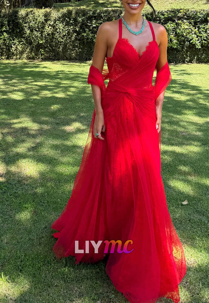Tulle & Lace Halter Gown with Draped Shawl