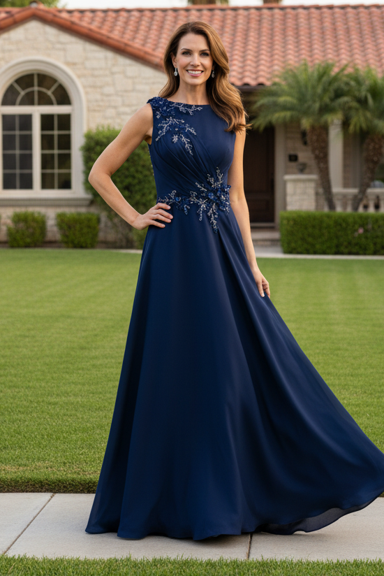 Floral Applique Bateau Neck Satin Evening Gown