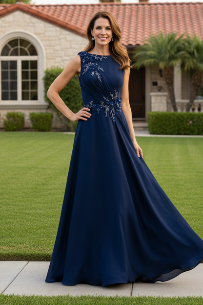 Floral Applique Bateau Neck Satin Evening Gown
