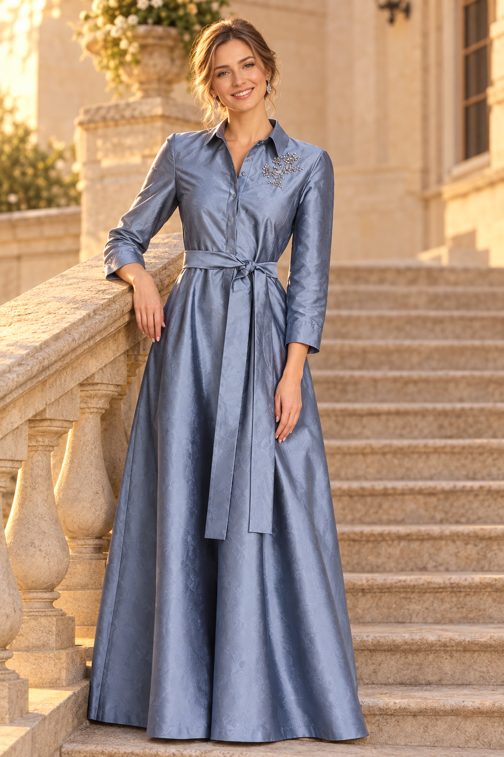Embroidered Collared Shirt Gown with Belt