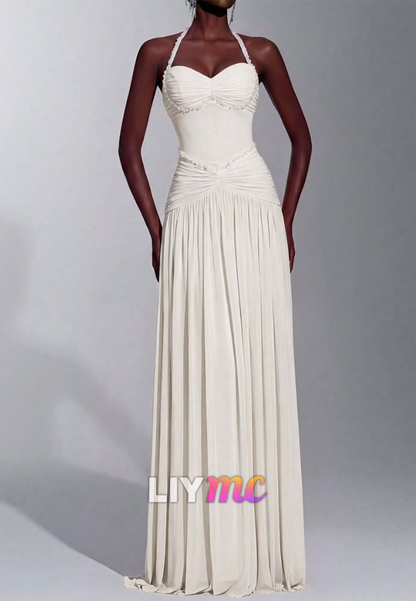 Halter Sweetheart Pleated Maxi Dress