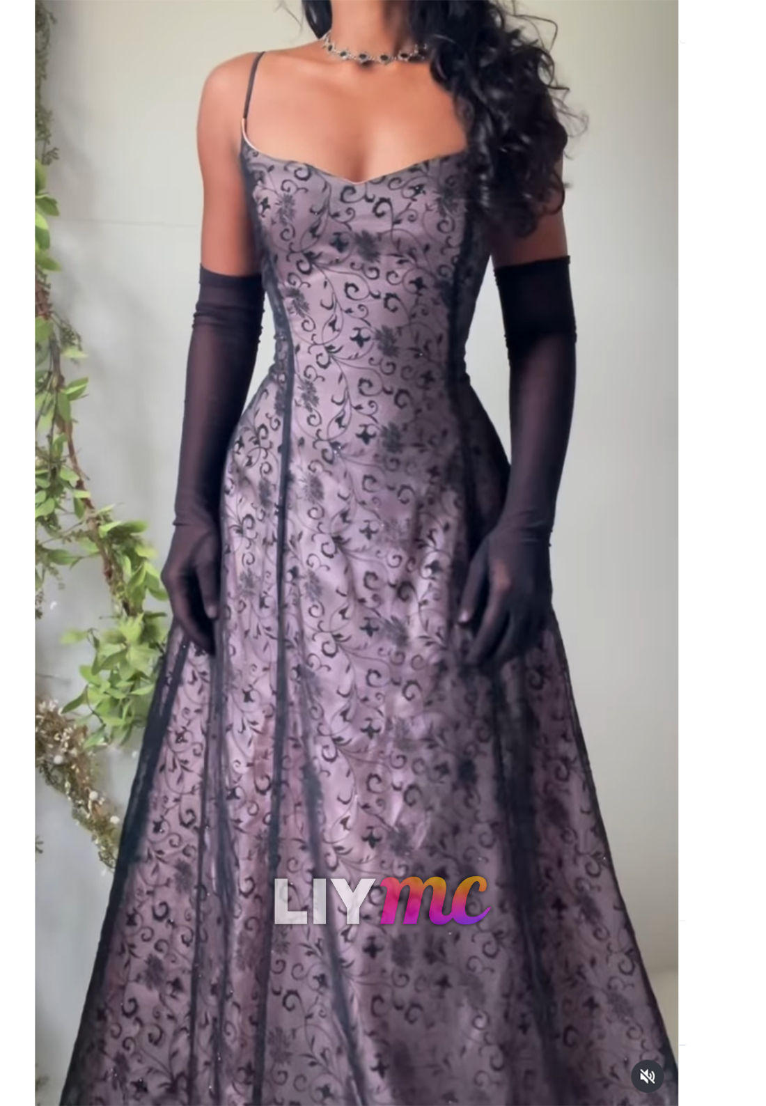 Scroll Pattern A-Line Gown with Spaghetti Straps
