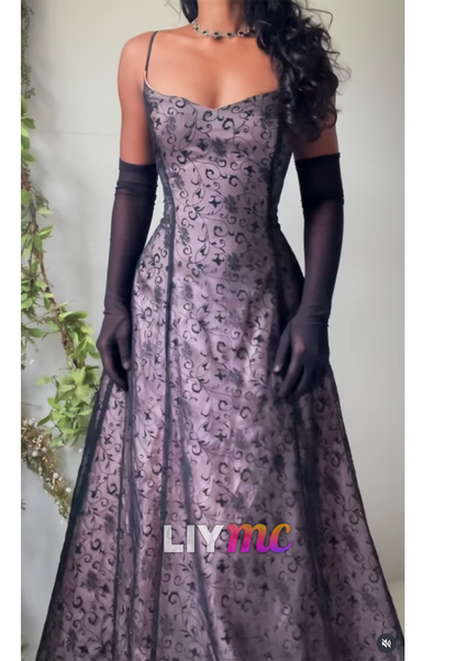 Scroll Pattern A-Line Gown with Spaghetti Straps