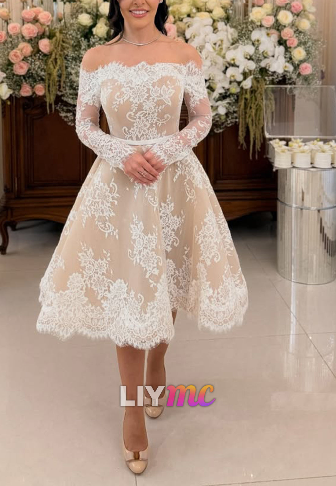 Off-the-Shoulder Lace Knee-Length Dress with Long Sleeves