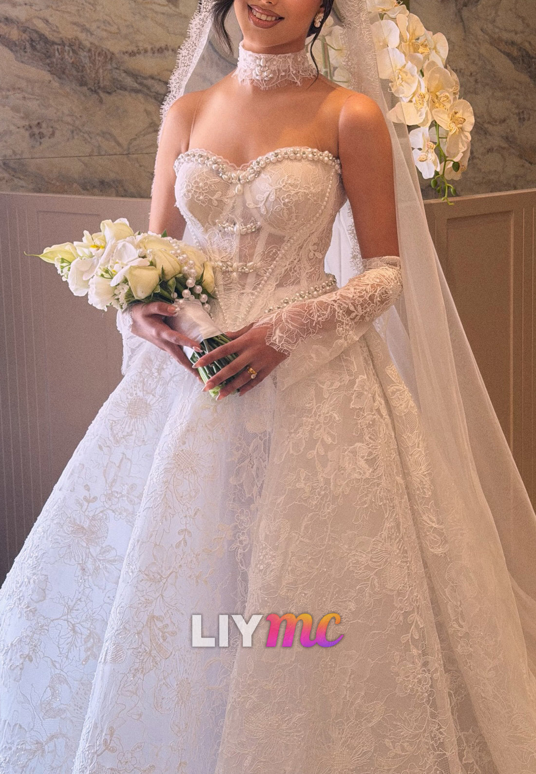 Strapless Lace Corset Ball Gown Wedding Dress