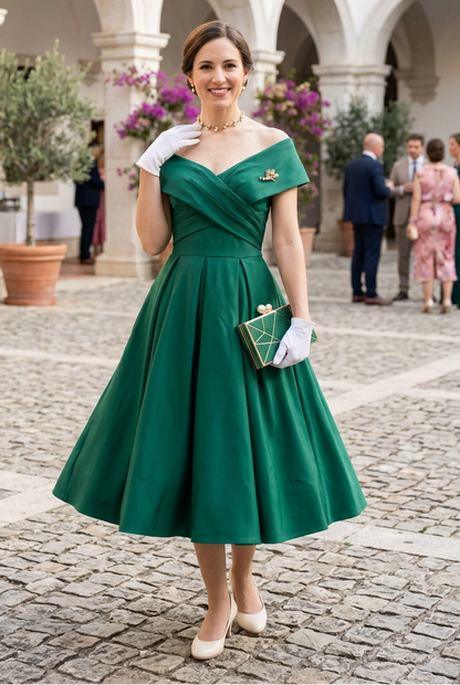 Off-the-Shoulder Pleated Midi A-Line Dress
