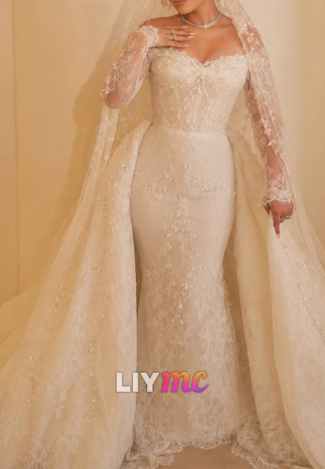 Lace Mermaid Wedding Dress with Overskirt