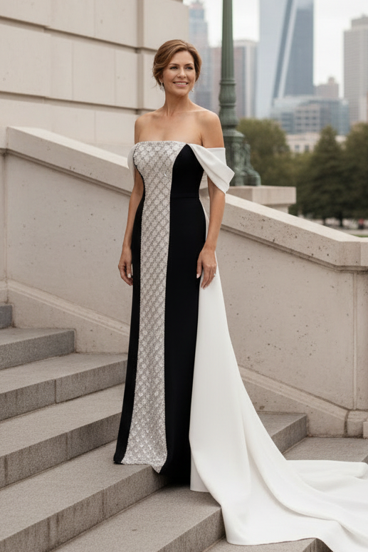 Beaded Column Evening Gown with Cape Train