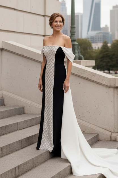 Beaded Column Evening Gown with Cape Train