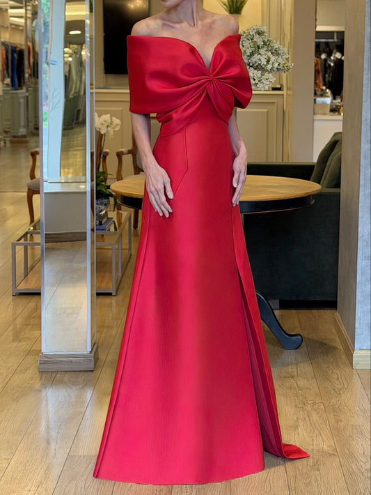 Off-the-Shoulder Bow Bodice Evening Gown with Slit