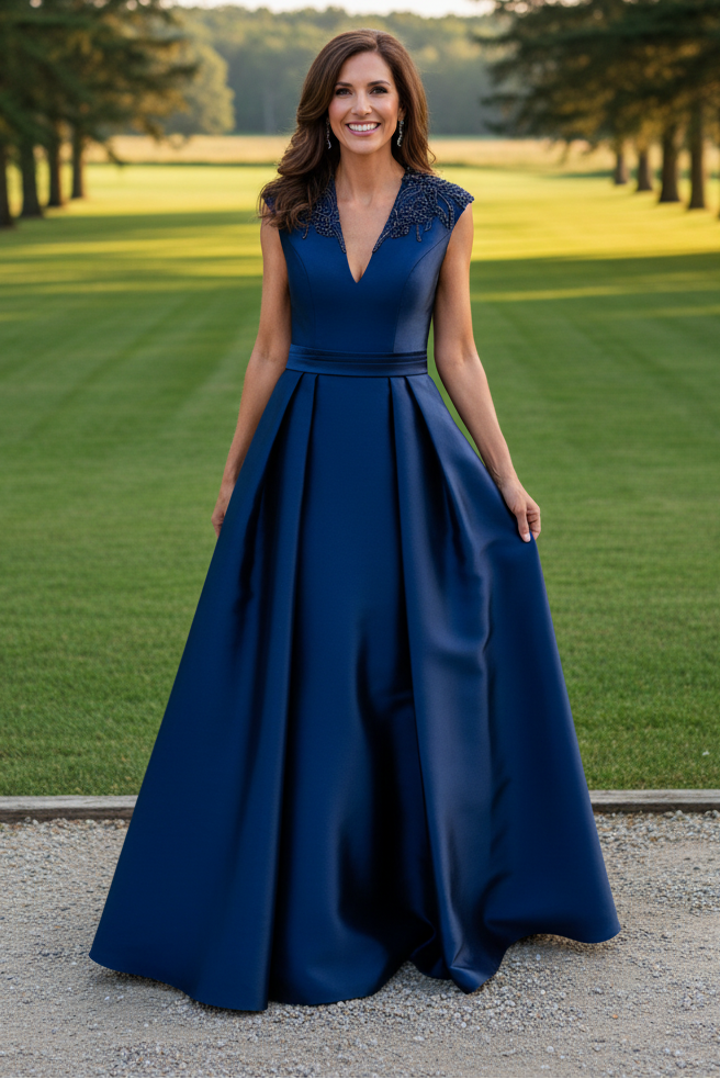Beaded V-Neck Satin A-Line Evening Gown