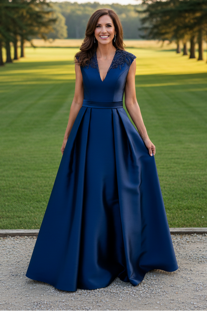 Beaded V-Neck Satin A-Line Evening Gown