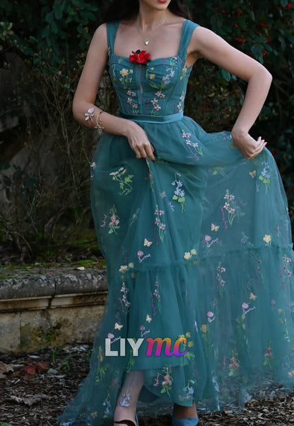 Embroidered Tulle Tiered Maxi Dress with Corset Bodice