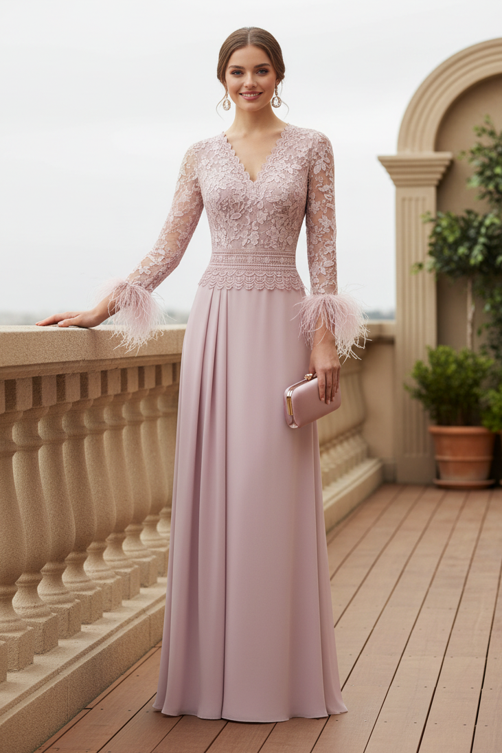 Lace V-Neck Long Sleeve Evening Gown