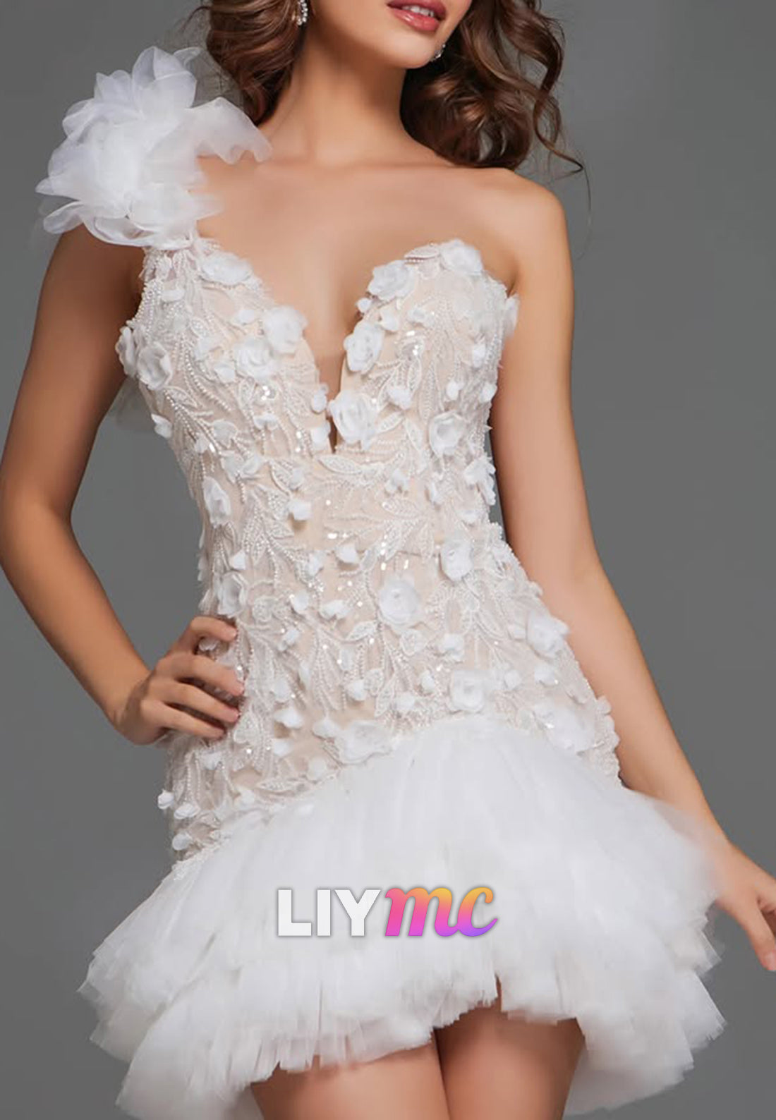 One-Shoulder 3D Floral Applique Mini Dress