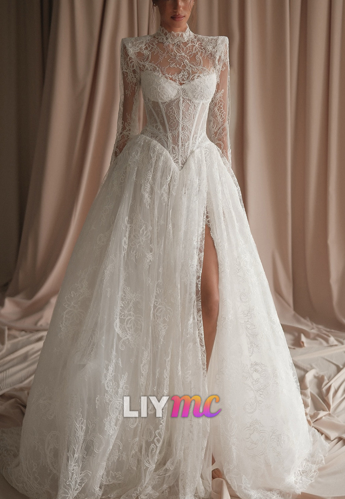Long Sleeve Lace Corset A-Line Wedding Dress with Slit