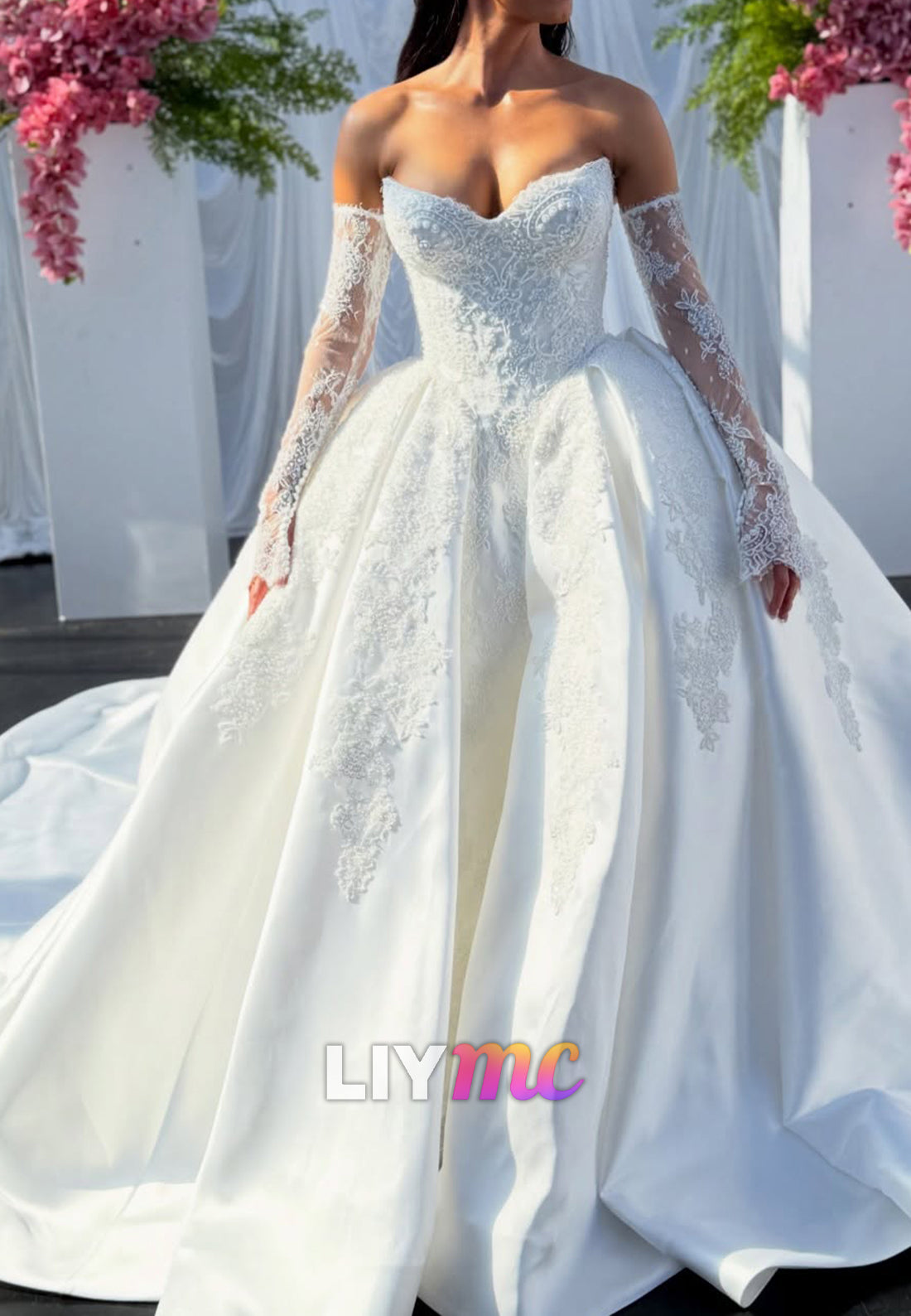 Off-Shoulder Ball Gown with Lace Sleeves & Satin Skirt