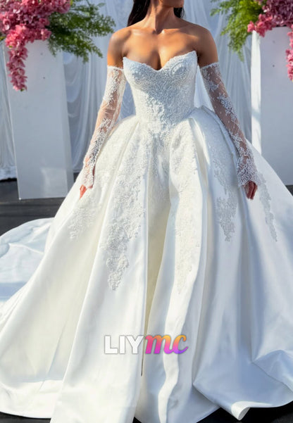 Off-Shoulder Ball Gown with Lace Sleeves & Satin Skirt