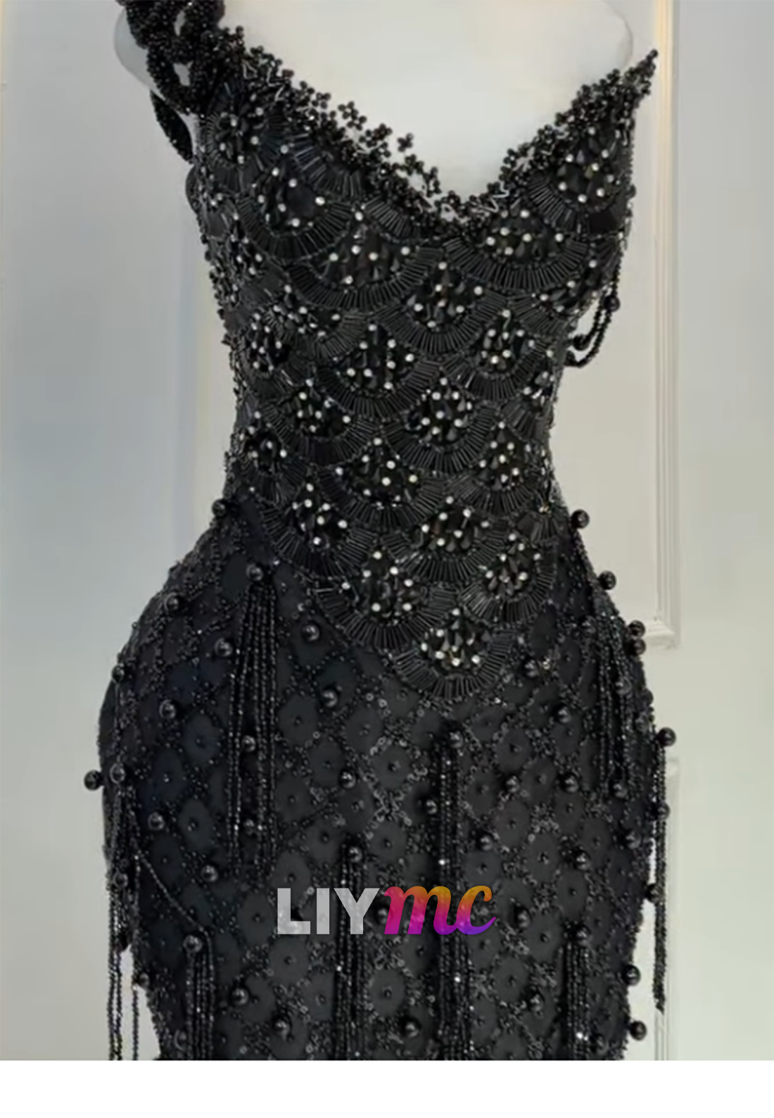 One-Shoulder Beaded Mini Dress with Fringe