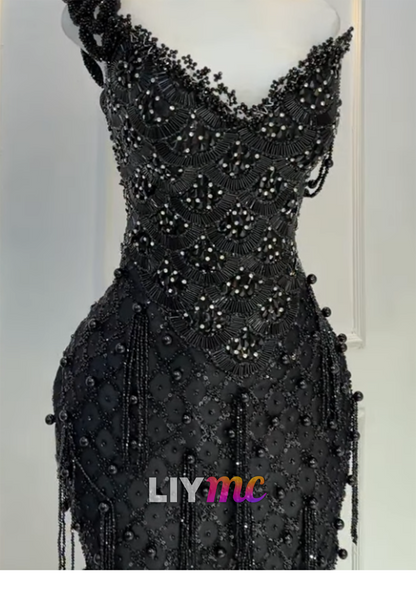One-Shoulder Beaded Mini Dress with Fringe