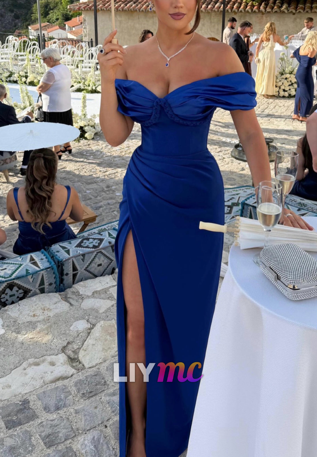 Off-The-Shoulder Satin Evening Gown with Slit
