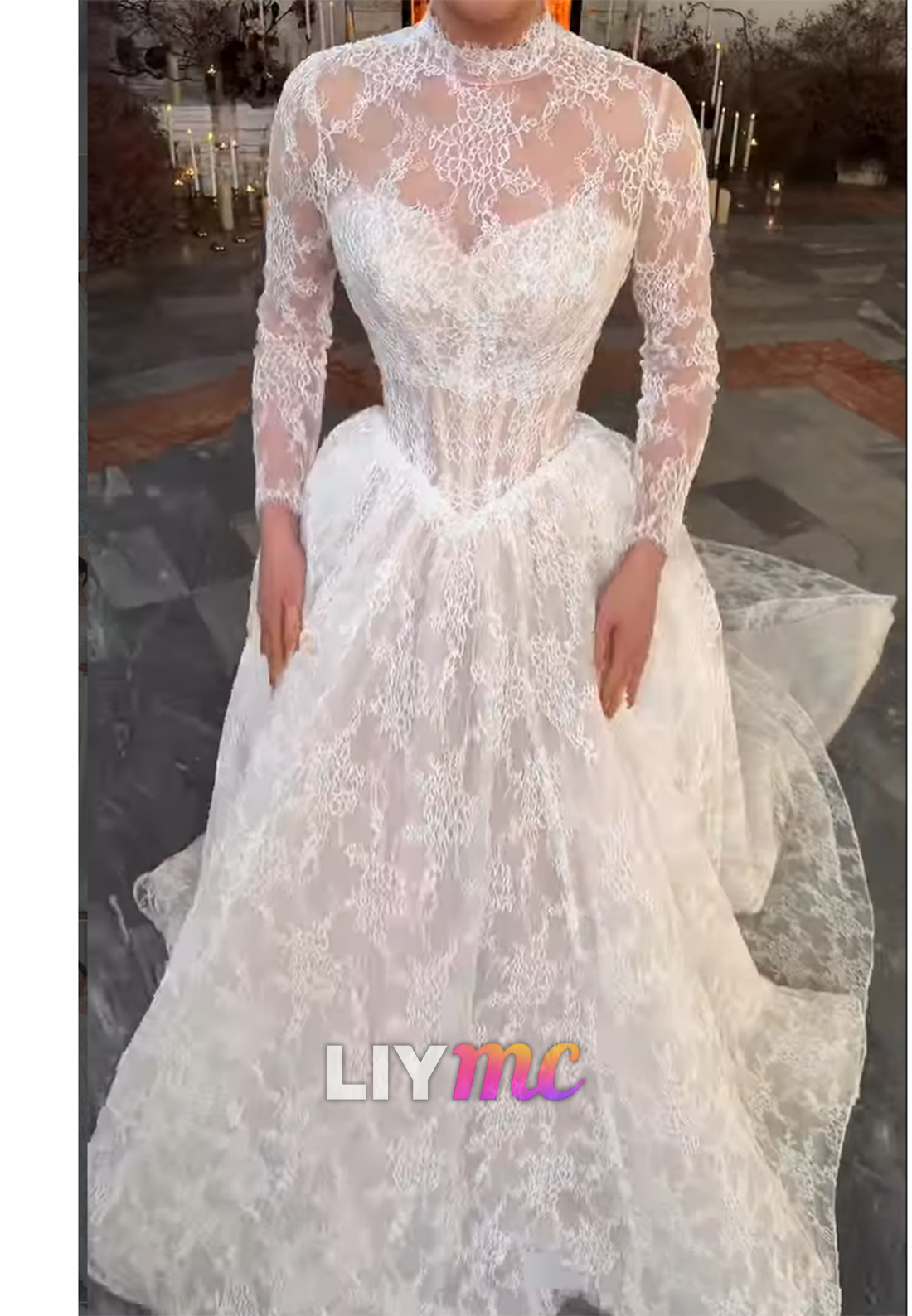 Illusion High Neck Long Sleeve Lace Ball Gown