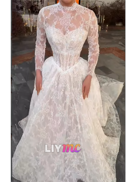 Illusion High Neck Long Sleeve Lace Ball Gown