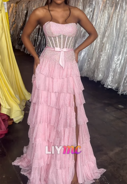 Corset Tiered Ruffle Gown with Rhinestones
