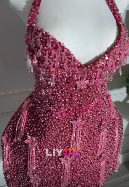 Sparkling Beaded Halter Fringe Mini Dress