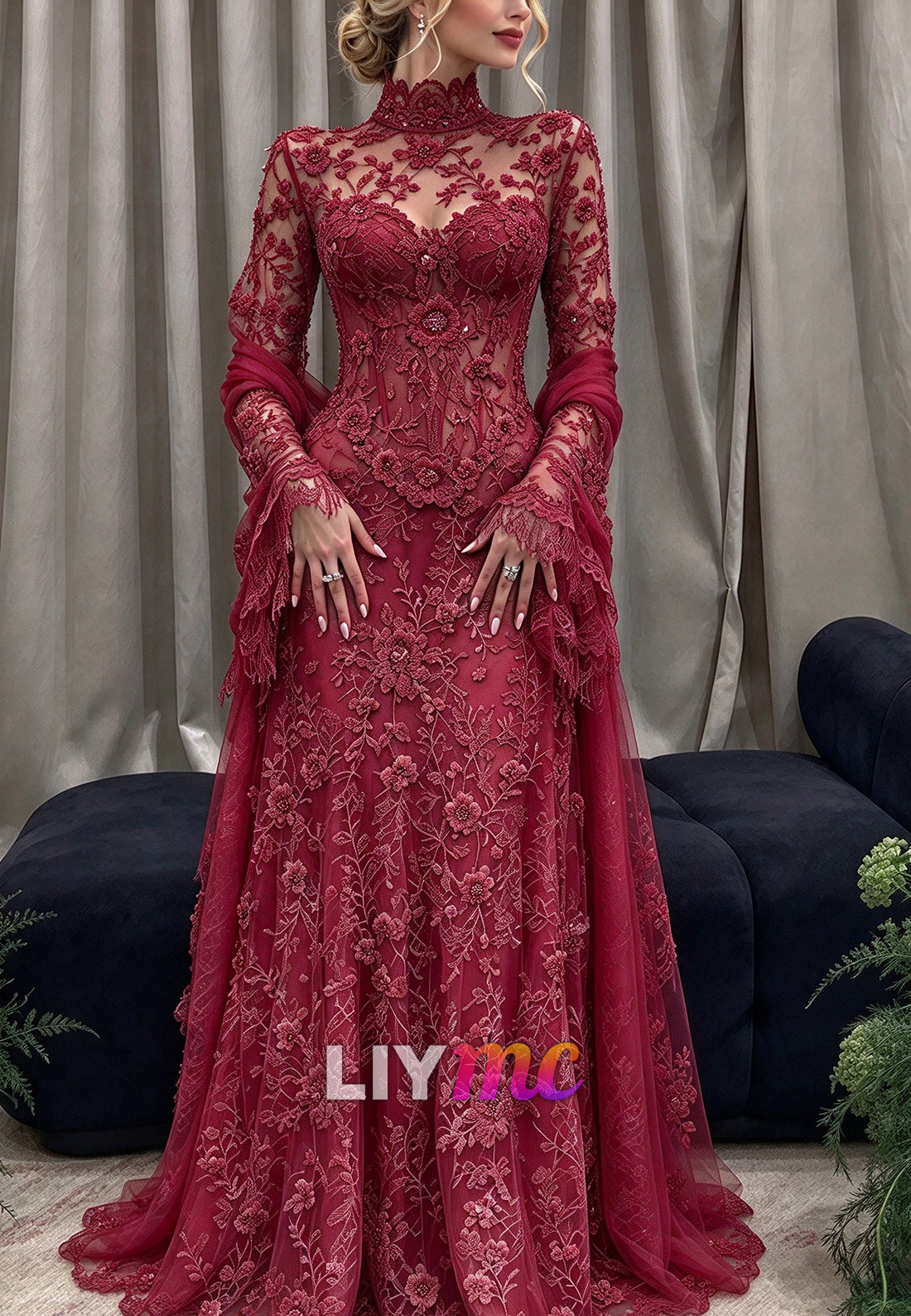 High Neck Lace Gown with 3D Florals & Shawl