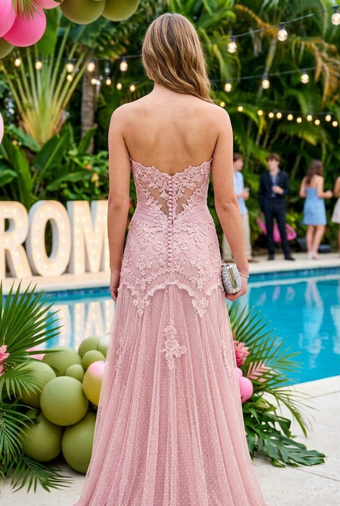 Strapless Lace Applique Tulle Evening Gown