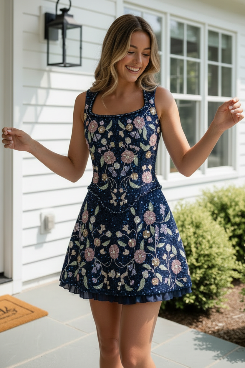 Floral Beaded Corset and Shorts Two-Piece Set