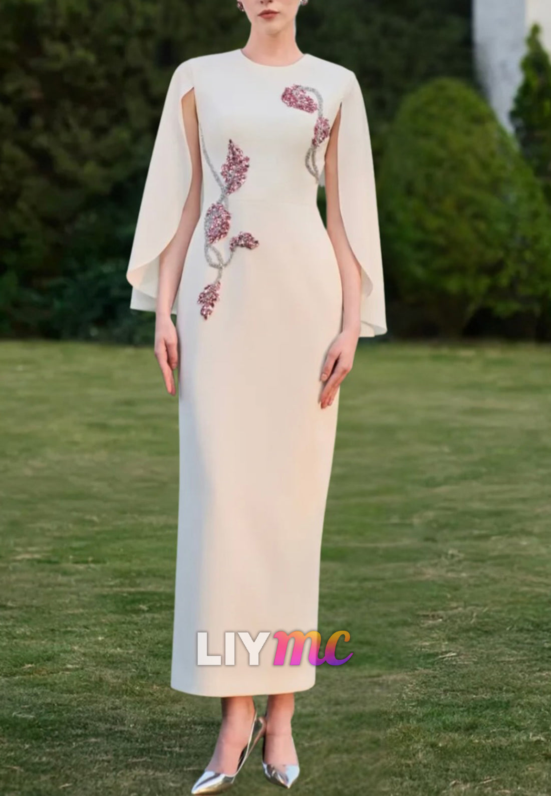 Cape Sleeve Ankle-Length Dress with Beaded Floral Detail