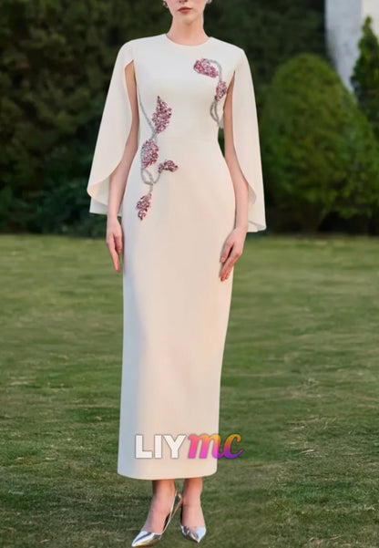 Cape Sleeve Ankle-Length Dress with Beaded Floral Detail
