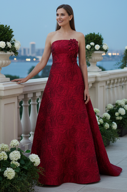 Strapless Floral Jacquard A-Line Evening Gown