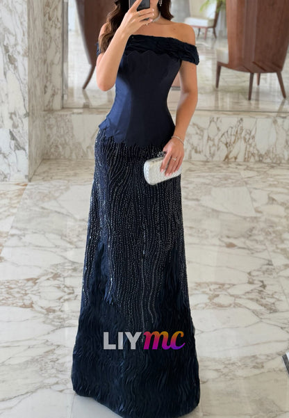 Off-the-Shoulder Beaded Column Evening Gown