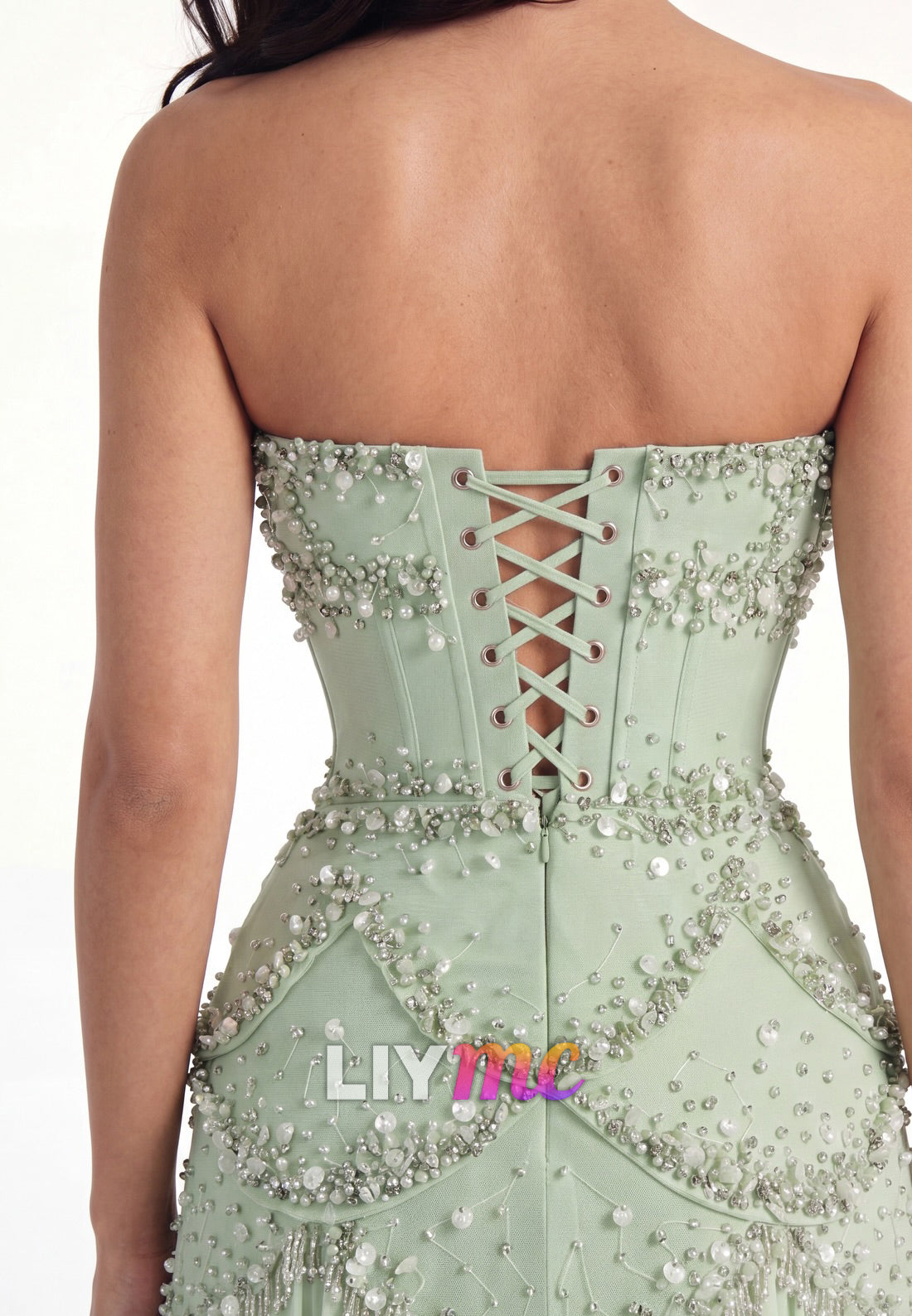 Beaded Corset A-Line Gown with Bell Sleeves