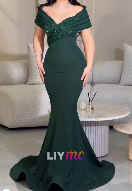Off-the-Shoulder Beaded Mermaid Evening Gown