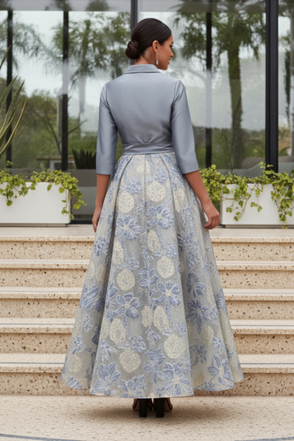 Collared Brocade A-Line Gown with Tie Belt