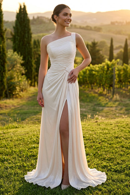One-Shoulder Pleated Gown with High Slit