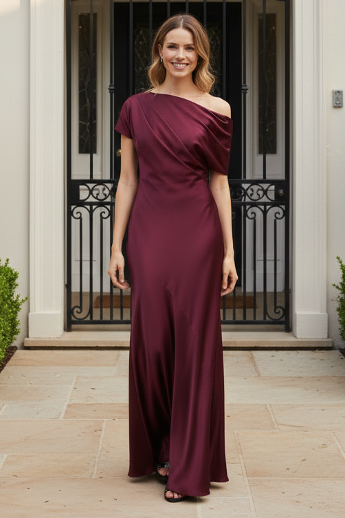 Asymmetrical Off-Shoulder Draped Satin Maxi Dress