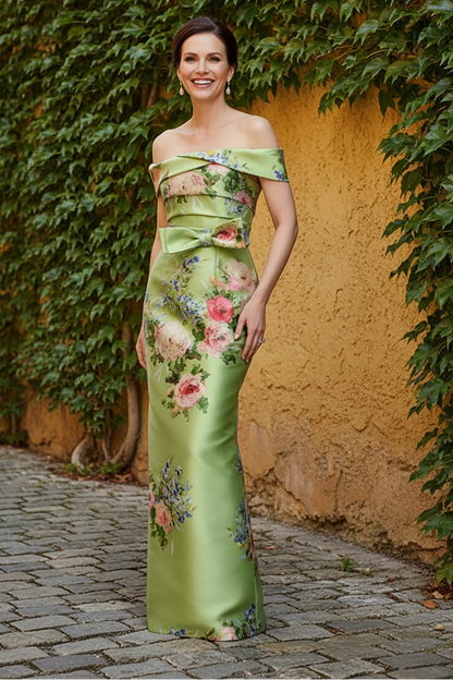 Floral Print Off-the-Shoulder Satin Sheath Gown