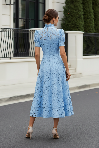 High-Neck Lace Midi Dress with 3D Floral Collar