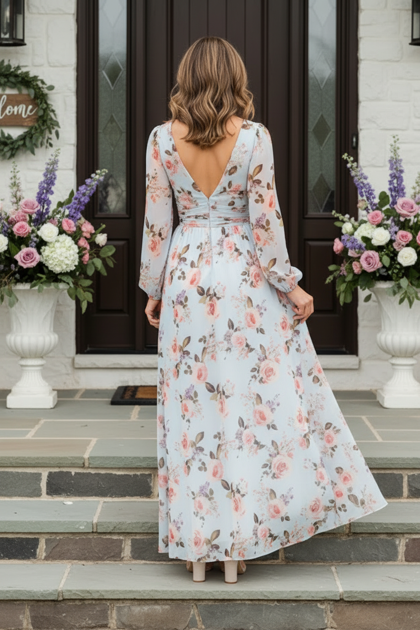Floral Print Chiffon Long Sleeve Maxi Dress
