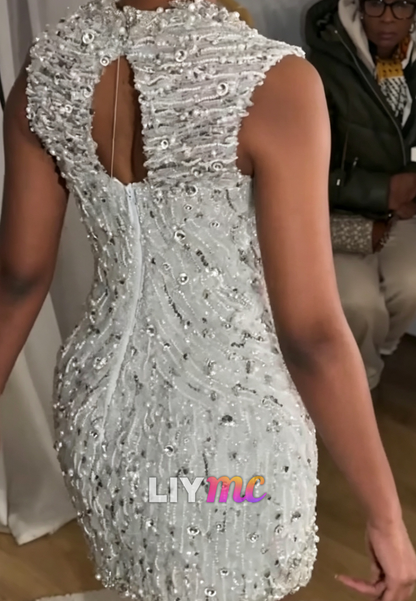 Beaded Mini Dress with Keyhole Back