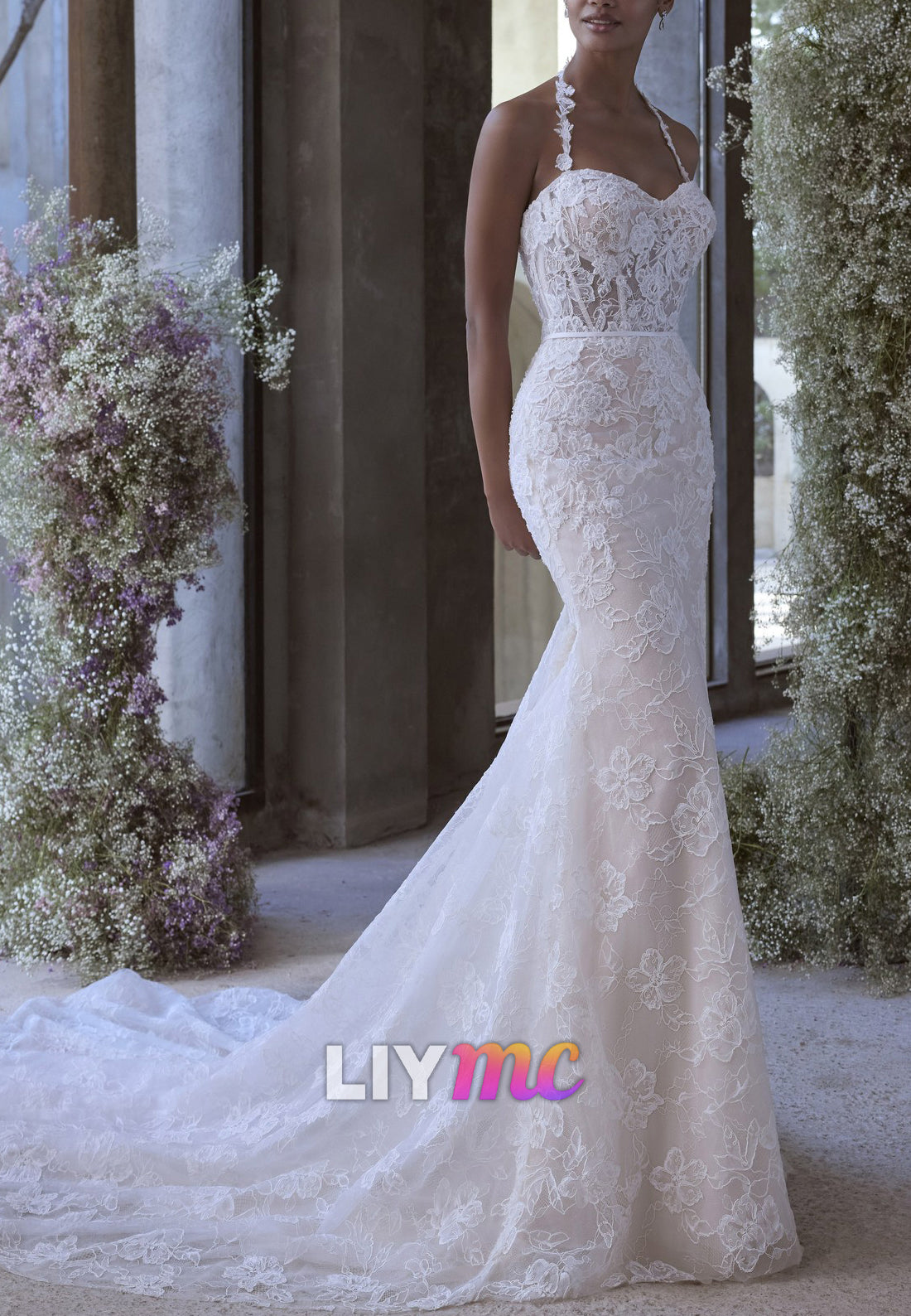 Lace Mermaid Wedding Dress with Halter Neck & Train